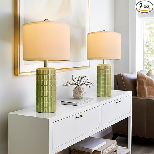 PoKat 23" Green Ceramic Table Lamps Set of 2, Farmhouse Table Lamps for Living Room, Modern Lamps for Bedroom Night Stands, Traditional Nightstand Desk Lamps, Medium - Bloomnest