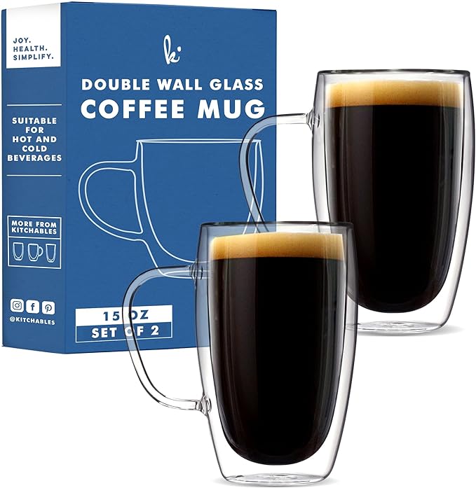 Kitchables Double Walled Glass Coffee Mugs Set of 2, 15oz - Insulated Glass Coffee Mugs for Cappuccino, Latte, Tea, Espresso - Latte Cup - Tazas Para Cafe - Bloomnest