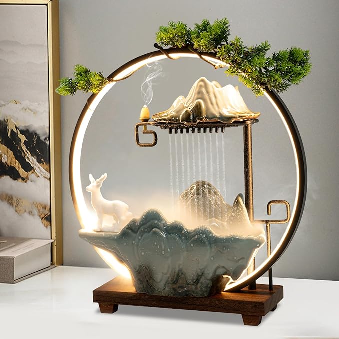 Tabletop Water Fountain with LED Light Ring,Atomizer,Water Pump Indoor Waterfall Backflow Incense Holder Deer Desk Ceramic Fountain with Mist for Office,Living Room or Bedroom Decoration (B) - Bloomnest