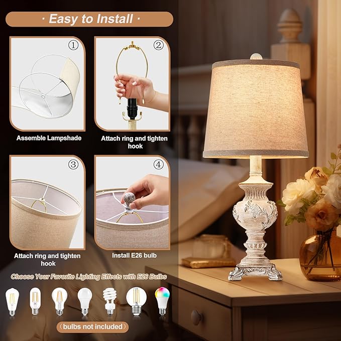 21'' Small Table Lamps for Bedroom Bedside Lamps Set of 2 Farmhouse Nightstand Lamps with Carved Floral Vintage Side Table Lamps for Living Room Kids Office, White, Bulb Not Include - Bloomnest