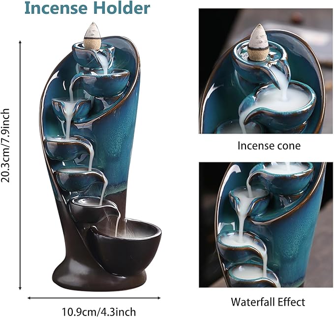 YYW Backflow Incense Burner Holder Handmade Statue Decor Fountain Waterfall Incense Holder with 20 Backflow Incense Cones 30 Incense Sticks 1 Tweezer 1 Mat for Indoor Meditation Yoga (Blue) - Bloomnest