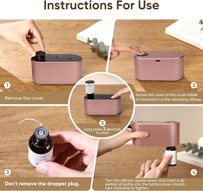 Waterless Diffuser for Home Essential Oil Diffuser, Aromatherapy Diffuser, Portable Scent Diffusers, 3 Mist Modes, Cycle Start for Bedroom, Office Studio 350-700 sq. ft Rose Gold - Bloomnest