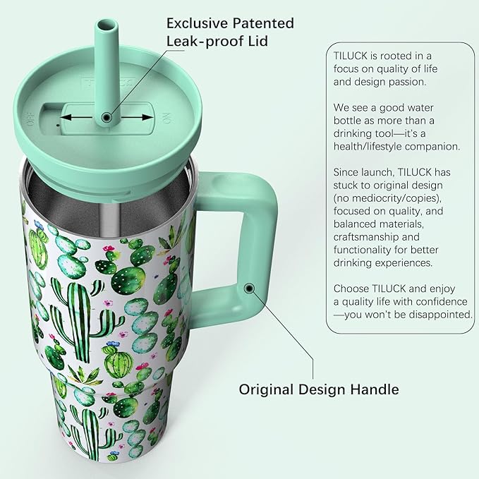 TILUCK 40 oz Tumbler with Handle, Vacuum Insulated Stainless Steel Travel Mug with 100% Leak-Proof Silicone Straw Lid, Cupholder Friendly Water Bottle(Cactus, 40oz)