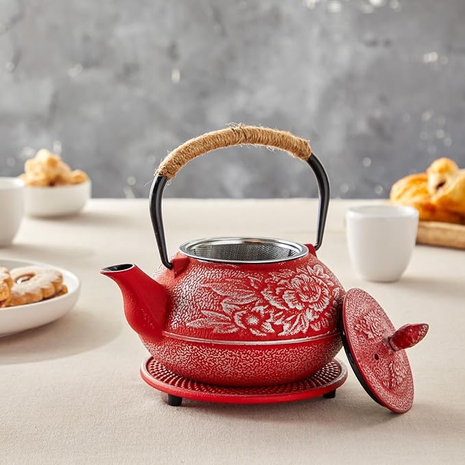Juvale Japanese Cast Iron Teapot with Infuser - Red, 27 oz (800 ml), 3-Pc Teapot Set - Stovetop Kettle for Loose Leaf Brewing - Removable Stainless Steel Infuser & Trivet Included - Bloomnest