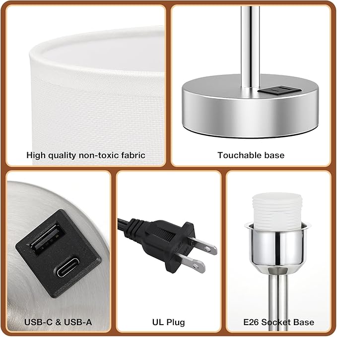Dicoool White Touch Bedside Lamp with USB - 3 Way Dimmable Table Lamp for Bedroom, Nightstand Lamp with Nickel Charging Station and Silver LampHolder for Dorm Kids Room, Small - Bloomnest