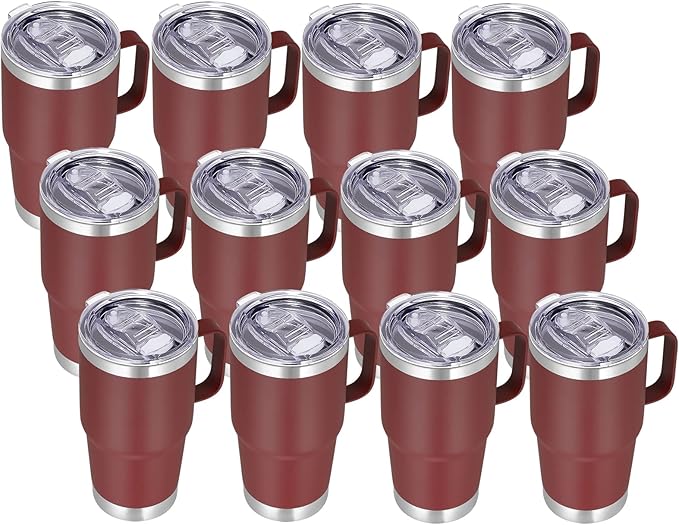 VEGOND 20 oz Tumbler Bulk with Handle Lid and Straw, Stainless Steel Insulated Travel Coffee Mug Set, Spill Proof Double Wall Metal Tumblers Cups, Wine Red 12 Pack - Bloomnest