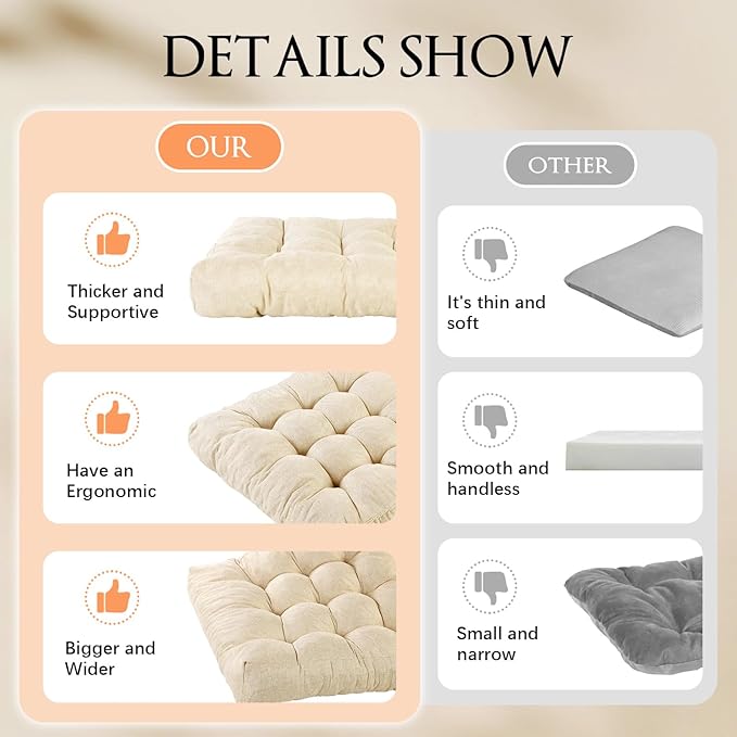 Meditation Floor Cushions, Thickened Floor Pillow for Adults, Large Square Pillows Seat Cushion for Tatami Living Room Yoga, Memory Sponge Block Added, 22x22 Inch, Beige