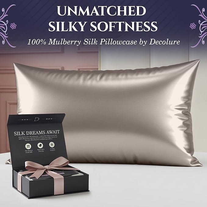 DECOLURE 100% Pure Mulberry Silk Pillow Case Standard Size – High Grade 30 Momme 6A+, Luxuriously Soft & Cooling Silk Pillowcase for Hair & Skin, Hypoallergenic, Breathable, Hidden Zipper (Champagne) - Bloomnest