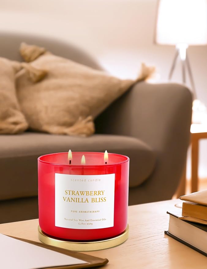 Strawberry Vanilla Aromatherapy Candle - Large 3 Wick Soy Scented Candle 15.8 oz - Relaxing Vanilla Candle for Home & Stress Relief - Long Lasting Natural Candles Gift for Women & Men - Clean Burning - Bloomnest