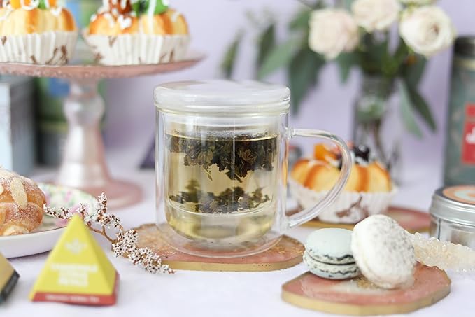 Teabloom Heatproof and Insulated Borosilicate Glass Tea Cup with Infuser for Whole-Leaf Loose Tea – Tea Purist's Choice – Wellbeing Double-Walled Infusion Mug with Lid (8 oz) - Bloomnest