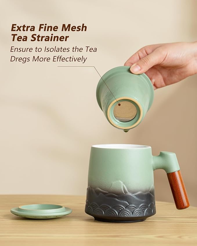 ZENS Tea Mug with Infuser and Lid for Loose Leaf Tea Steeper, 16.9 oz Embossed Ceramic Tea Cup with Fine Strainersand Wood Handle, Diffusers Accessories for Tea Lovers Gifts
