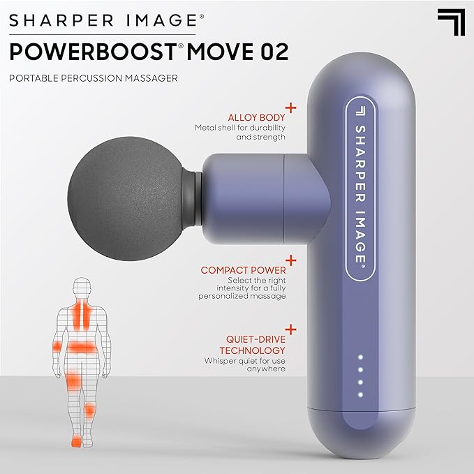 Sharper Image Powerboost Move 2.0 - Mini Percussion Massage Gun| 4 Attachments, 4 Speeds| Portable Full Body Back & Shoulder Massager| Muscle Recovery & Pain Relief| Deep Tissue Massage Tool Gift - Bloomnest