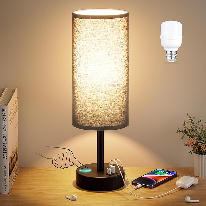 Dicoool Black Touch Bedroom Lamp with USB - 3 Way Dimmable Table Lamp for Bedroom, Nightstand Lamp with Black Charging Station for Desk Dorm, Office, Boy Kids Room, Small - Bloomnest