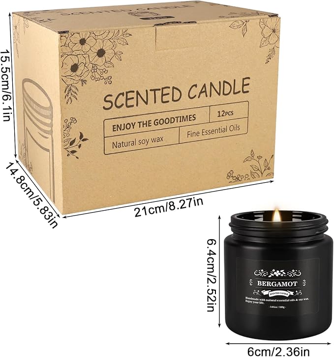 Scented Candle Set 12 Pack,Black, Candle for Home Scented, Odor Eliminating, Stress Relief, Long Lasting Soy Wax Gift Set - Bloomnest