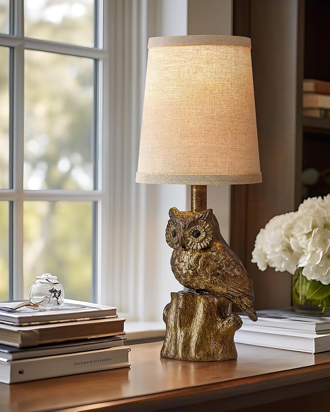 14.25" Small Table Lamp for Living Room Farmhouse Bedside Resin Single Lamp with Gold Owl Lamp Shape for Bedroom Retro Rustic Nightstand Lamp - Bloomnest