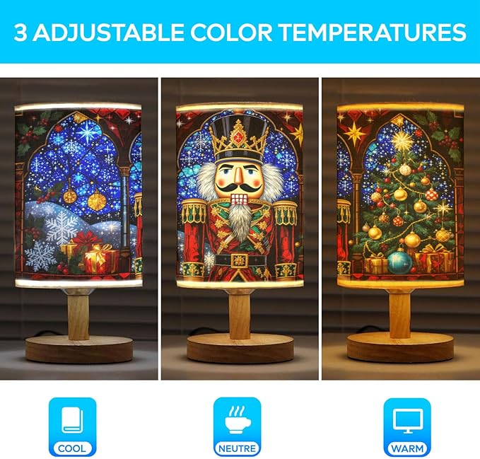 Nutcracker Table Lamp LED 3-Color Pressed Bedside for Merry Christmas, Nutcracker Shade Christmas Table Lamp with Wood Base for Bedroom Living Room Desk Office - Bloomnest