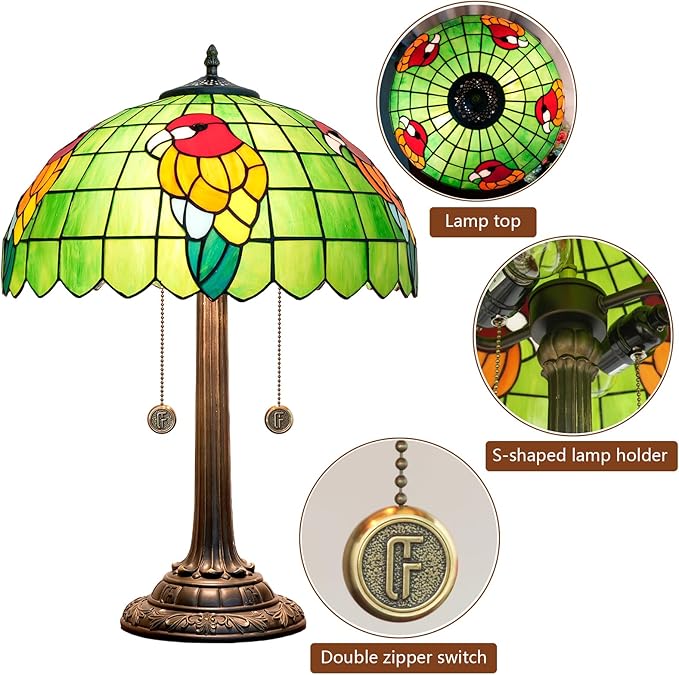 Tiffany Table Lamp Green Stained Glass Parrot Style Bedside Lamp 16X16X23 Inches Desk Decor Light Classic Farmhouse Reading Table Lamps for Home Office - Bloomnest