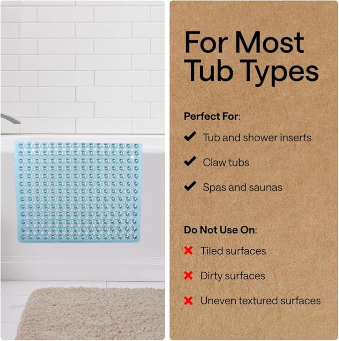 GORILLA GRIP Patented Bath Tub Shower Mat, Machine Washable Bathtub Floor Liner Mats, Suction Cups and Drain Holes to Keep Tubs Clean, Soft on Feet, Bathroom Essentials, 35x16 Inch, Clear Blue - Bloomnest