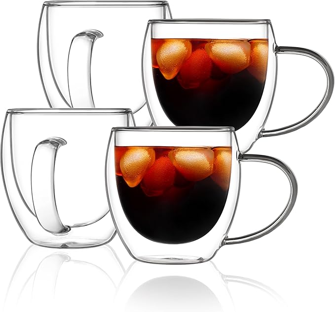CNGLASS 12oz(4-pack) Double Walled Glass Coffee Mugs,Insulated Glass Mugs with Handle,Clear Espresso Cups for Latte,Cappuccino,Tea Bag - Bloomnest