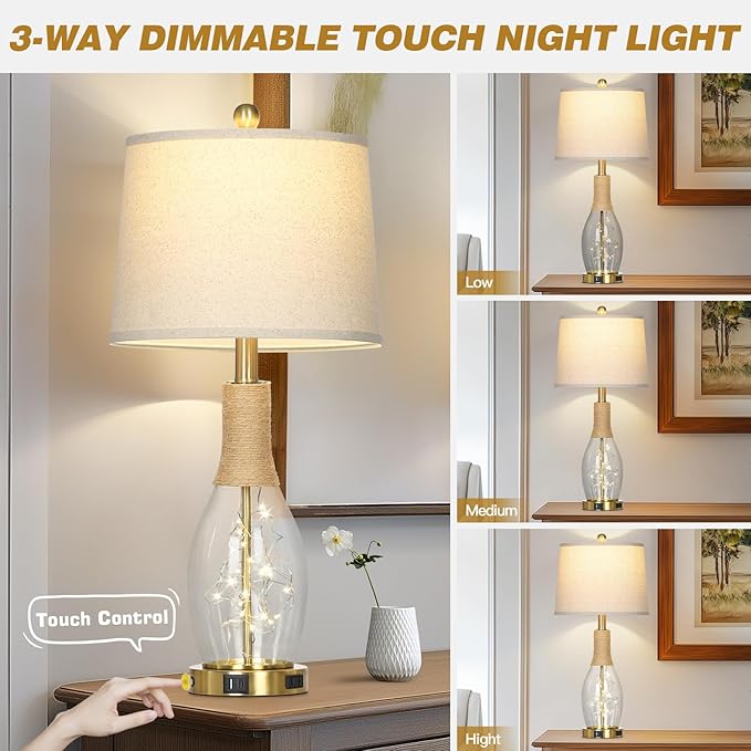27.5" Coastal Glass Table Lamps Set of 2, Touch Control 3-Way Dimmable Modern Table Lamps with USB A+C Ports & AC Outlets, Farmhouse Rustic Boho Vintage Night Light for Living Room Bedroom Gold Ocean - Bloomnest