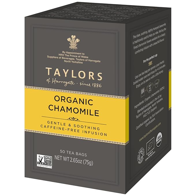 Taylors of Harrogate Organic Chamomile, Herbal Tea, Pillow Bags, 50 Count (Pack of 1), Mellow, Silky & Soft, Caffeine-Free, Enjoy Hot or Iced, 50 Teabags - Bloomnest