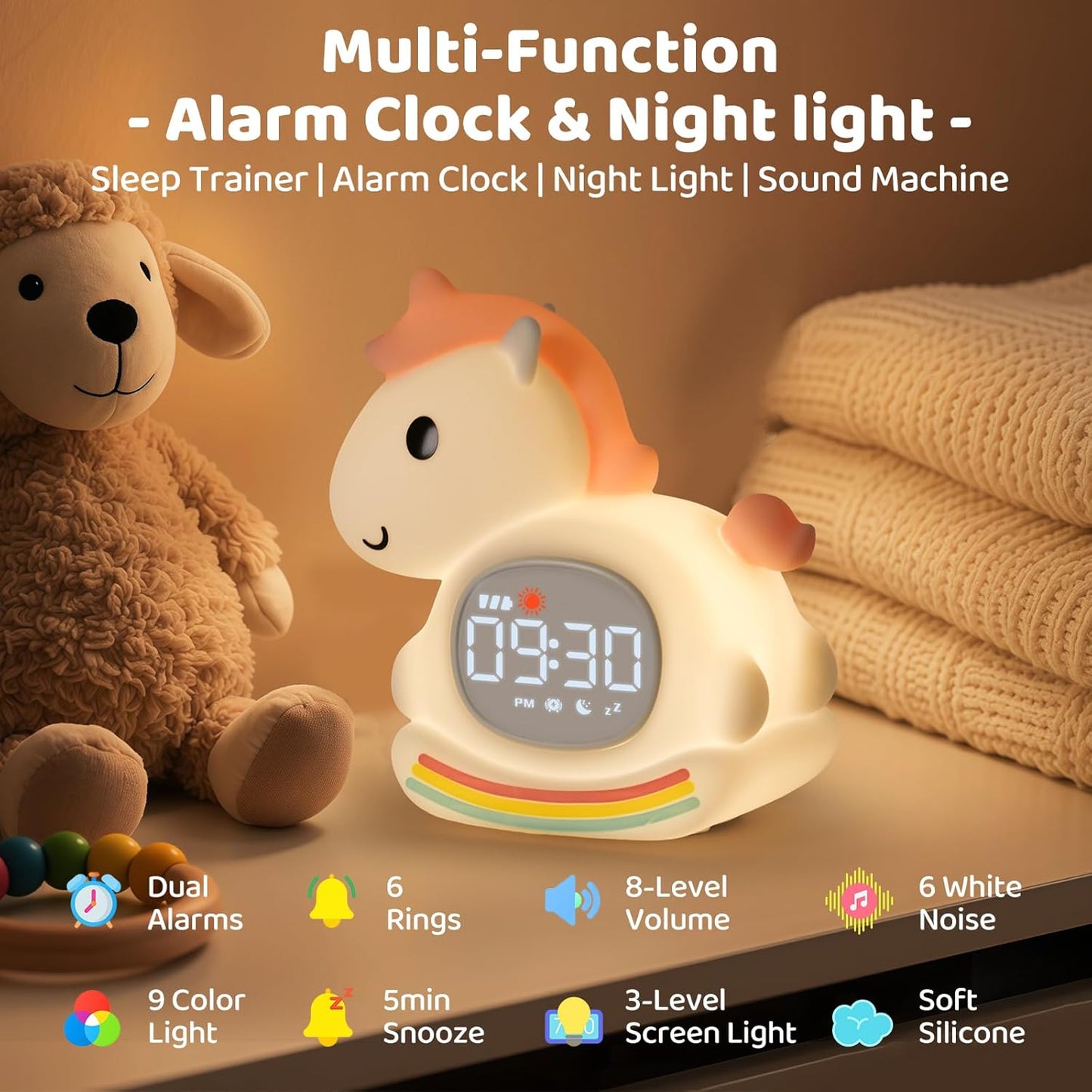 Alarm Clock with Night Light for Kids with Sleep Training and Sound Machine, Rechargeable Silicone Lamp OK to Wake Clock，Cute Animal Tabletop Lamp, Perfect Sleep Companion for Boys Girls,Pink Pony