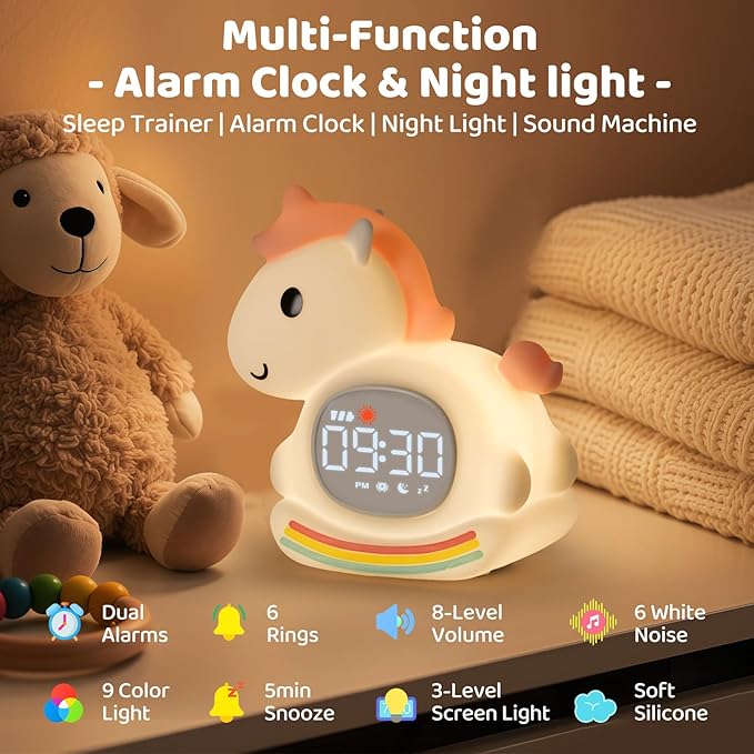 Alarm Clock with Night Light for Kids with Sleep Training and Sound Machine, Rechargeable Silicone Lamp OK to Wake Clock，Cute Animal Tabletop Lamp, Perfect Sleep Companion for Boys Girls,Pink Pony - Bloomnest