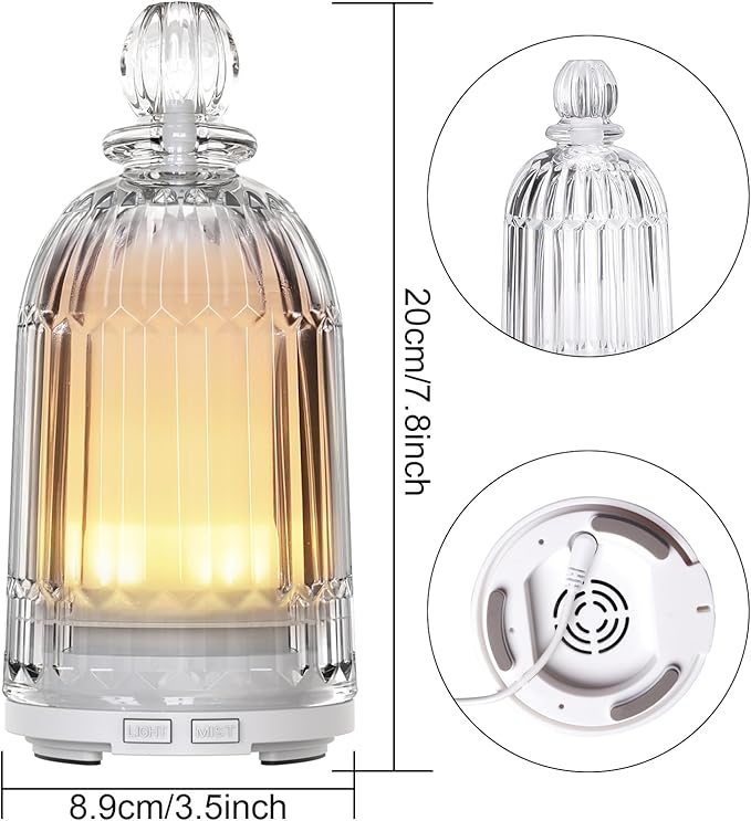 Glass Essential Oil Diffuser, Aroma Diffusers with Glass Cover & Plastic Reservoir Small Humidifiers with 7 Color LED Lights Auto-Off for Home Office Bedroom Yoga 120ml(White Bottom) - Bloomnest