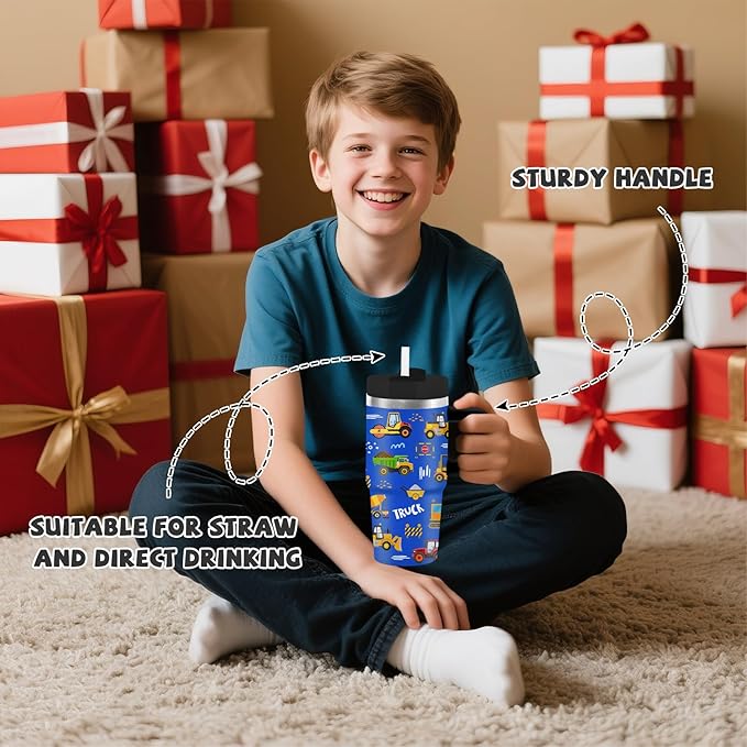 Construction Tumbler with Handle Straw for Kids 14oz, Insulated Stainless Steel Cup for Boys, Birthday Christmas Back to School Gifts for Kids Boys - Bloomnest