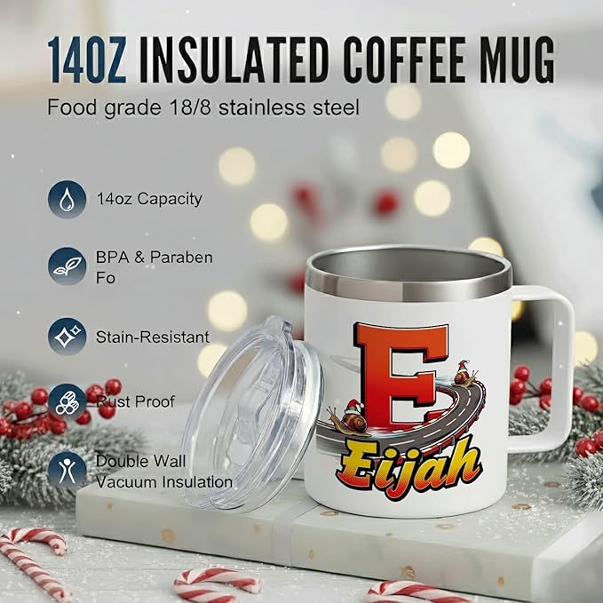 JugJug Personalized Christmas Mug with Initial & Name - Funny Racing Snails 12oz Insulated Coffee Cup w/Lid - Xmas Gifts for Kids, Boys, Racers (B178) - Bloomnest