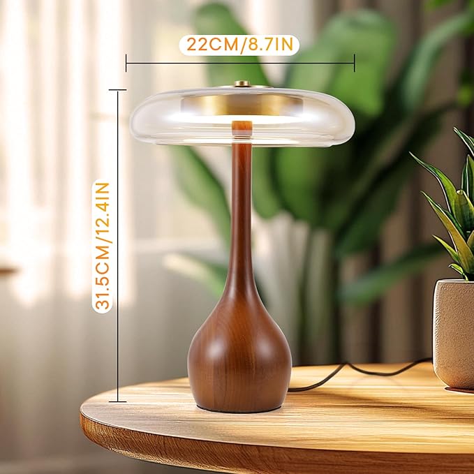 Small Table Lamp for Bedroom-Wooden Base Teardrop Mushroom Table Lamps,Amber Glass Shade,LED Three Color Temperature Adjustable Brightness Modern LED Side Table and Desk Lighting(H 12.4 in) - Bloomnest