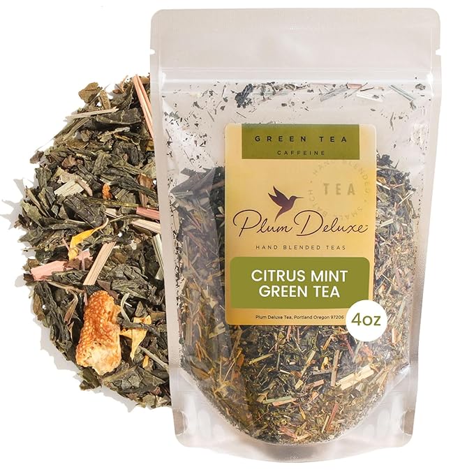 Citrus Mint Green Tea – Refreshing Loose Leaf Blend with Green Tea, Orange, Lemon, Lemongrass and Spearmint – Low Caffeine – Hot or Iced – 60 to 80 Cups – No Added Sugar – Hand Crafted in USA - Plum Deluxe - Bloomnest