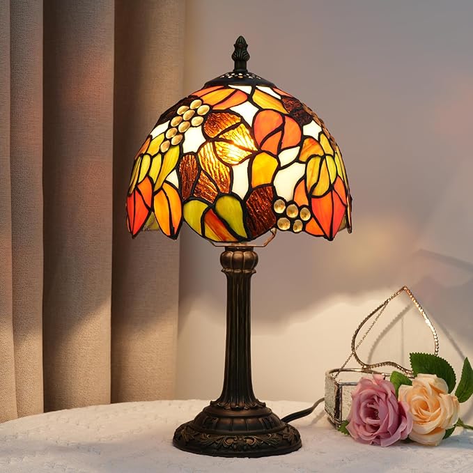 Tiffany Stained Glass Table Lamp, 8-Inch Retro Brown Maple Leaf Design Lovely Bedside Lamp, Suitable for Bedroom, Restaurant, Cafe and Other Furniture Decoration - Bloomnest