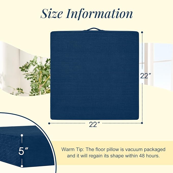 Wellsin Solid Square Floor Pillows for Adults Kids - Large Meditation Floor Pillow Seating Cushion with Thick Foam & Washable Velvet Cover, 2 Pack, 22x22x5 Inch, Dark Blue - Bloomnest
