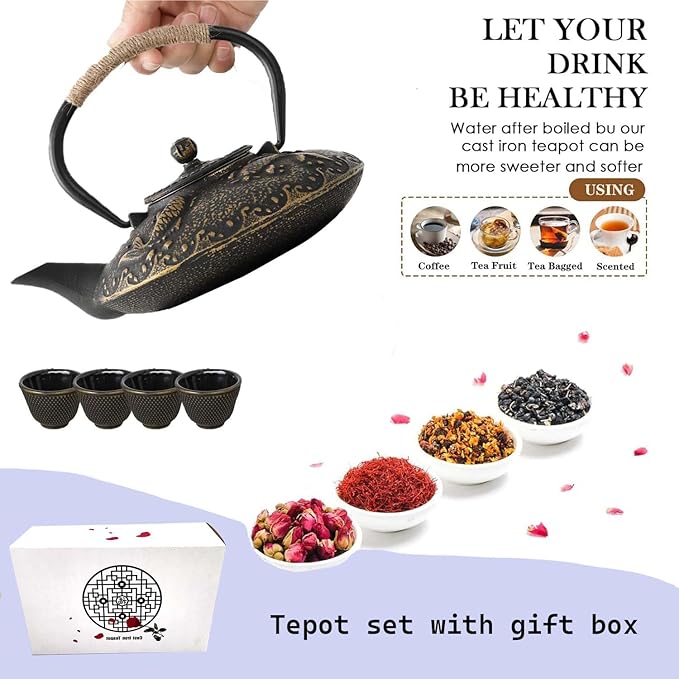 Cast Iron Teapot Set with Gift Pakckage, Koi Fish Tea Pot, Japanese Style Tetsubin Tea Gift Set, 4 Cups, Trivet and Lid Holder (koi fish)