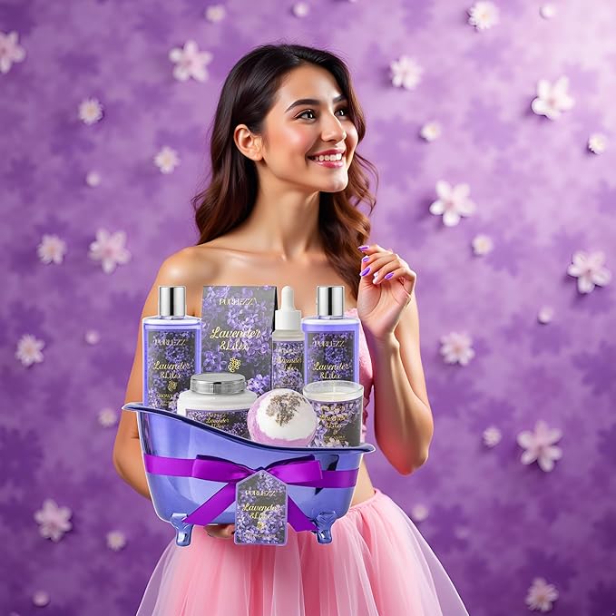 Birthday Gifts for Women, Luxury Home Spa Kit, 8pcs Lavender & Lilac Bath Gift Set, Gift Baskets for Women Unique with Bath Bombs, Sea Salt, Scented Candle, Body Lotion
