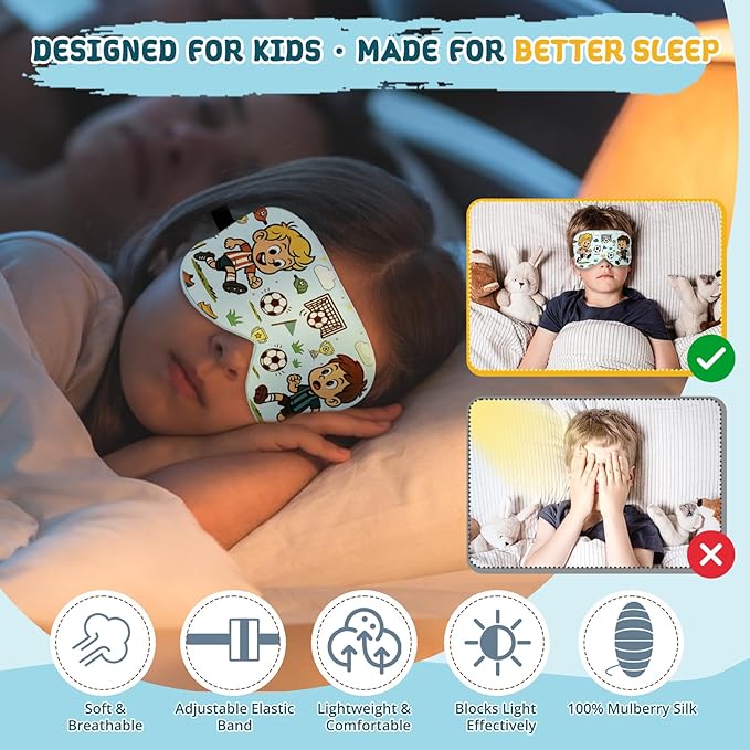 Kids Sleep Mask – 100% Mulberry Silk Eye Mask with Adjustable Strap, Soft Light Blocking Sleeping Mask for Children, Cute Printed Eye Cover for Boys Girls Ages 5-15 (Soccer Style) - Bloomnest