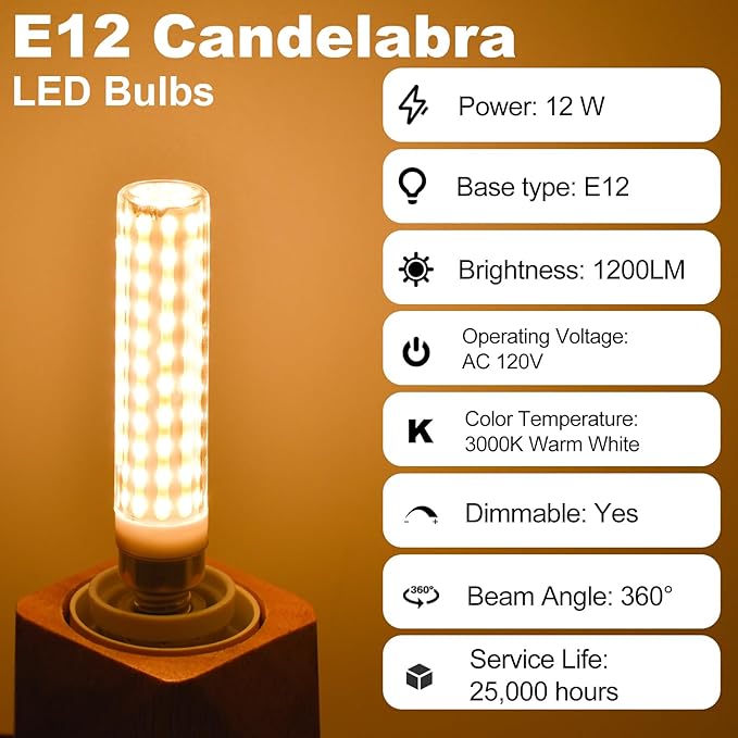 E12 100W 120V Dimmable Replacement LED Bulbs C7, Warm White 3000K 1200LM, T6 E12 12W LED Chandelier Light Bulbs 94 Chips for Ceiling Fan, Salt Lamp Pendant Lighting, Pack of 2 - Bloomnest