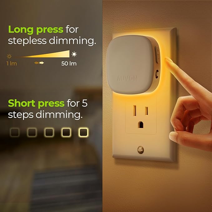 AUVON Plug-in LED Backlit Night Light with Motion Sensor & Dusk to Dawn Sensor, Dimmable Amber Nightlight with 1-50 lm Adjustable Brightness for Bedroom, Bathroom, Stairs, Hallway (4 Pack) - Bloomnest