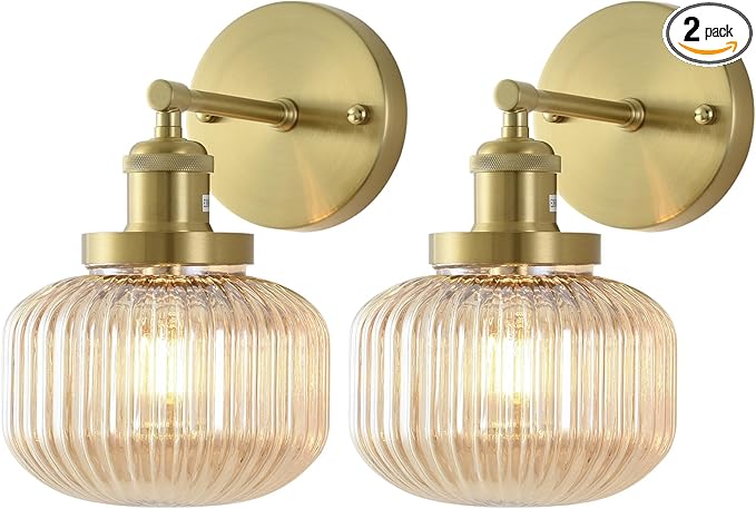 Vintage Wall Sconces with Amber Pumpkin Glass Lampshade, Indoor Bathroom Wall Sconce, Modern Gold Industrial Lighting Fixture for Mirror Living Room Hallway 2 Pack - Bloomnest