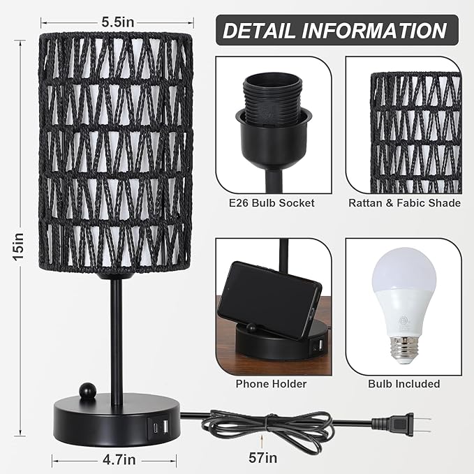 Black Bedside Lamps Set of 2, Touch Control Night Stand Lamp for Bedroom with Rattan & Linen Shade & Bulbs, 3 Way Dimmable Small Boho Table Lamps with USB Charging Port & Phone Stand - Bloomnest