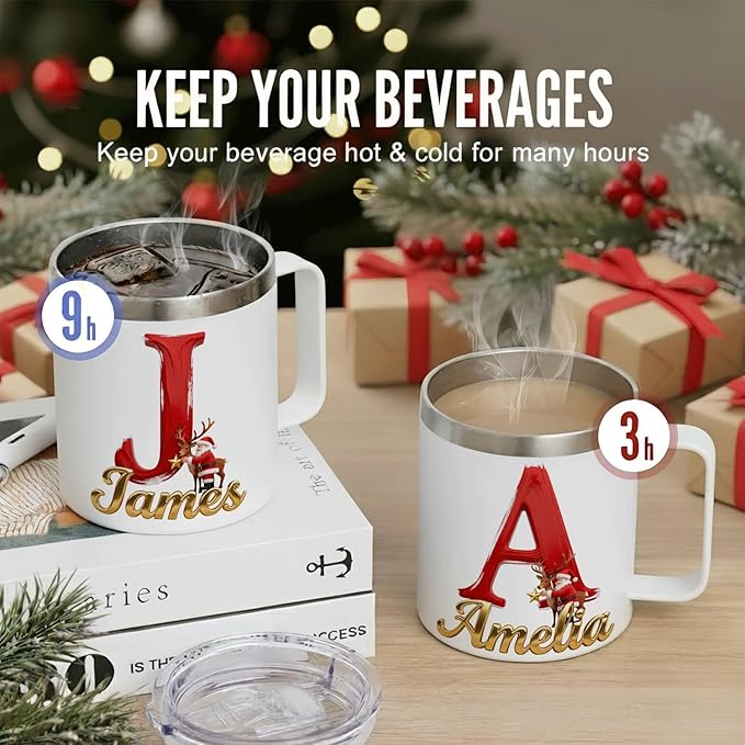 Personalized Christmas Insulated Coffee Mug with Handle – Letter [A] Double Wall Stainless Steel Travel Tumbler for Drinks – Unique Holiday Gift for Men, Women, & Kids(B122) - Bloomnest