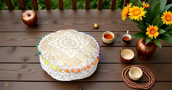 INDIAN CRAFT CASTLE ICC Mandala Barmeri Large Floor Pillow Cover Cushion Meditation Seating Ottoman Throw Cover Hippie Decorative Zipped Bohemian Pouf Ottoman Cases Golden, 16" Round - Bloomnest