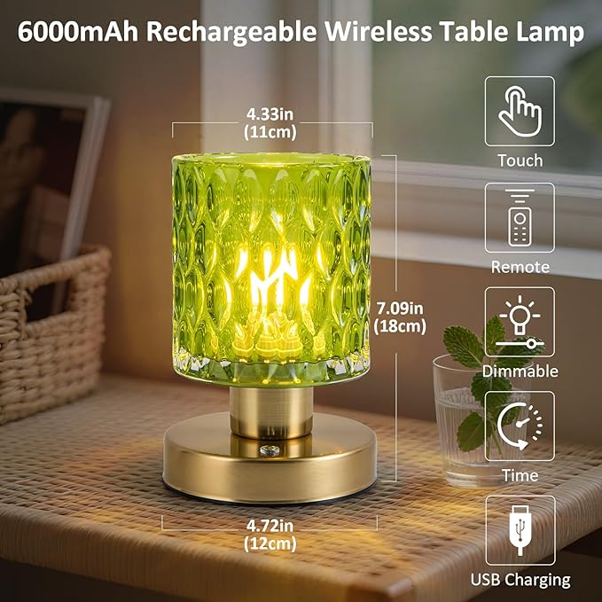 Battery Powered Lamp with Timer, Aesthetic Glass Cordless Lamps, Dimmable Rechargeable Lamp with Remote Control, Small Touch lamp for Nightstand Bedside Bedroom Living Room (Jade Green) - Bloomnest