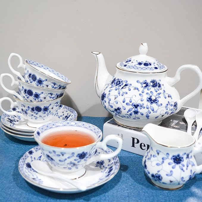 Bone China Tea Set, 21-Pieces Porcelain Tea Set for Adults, Tea Cups And Saucers for 6, with Teapot, Spoons, Sugar Bowl, Creamer Pitcher, Vintage Tea Set for Women Tea Party (Blue) - Bloomnest