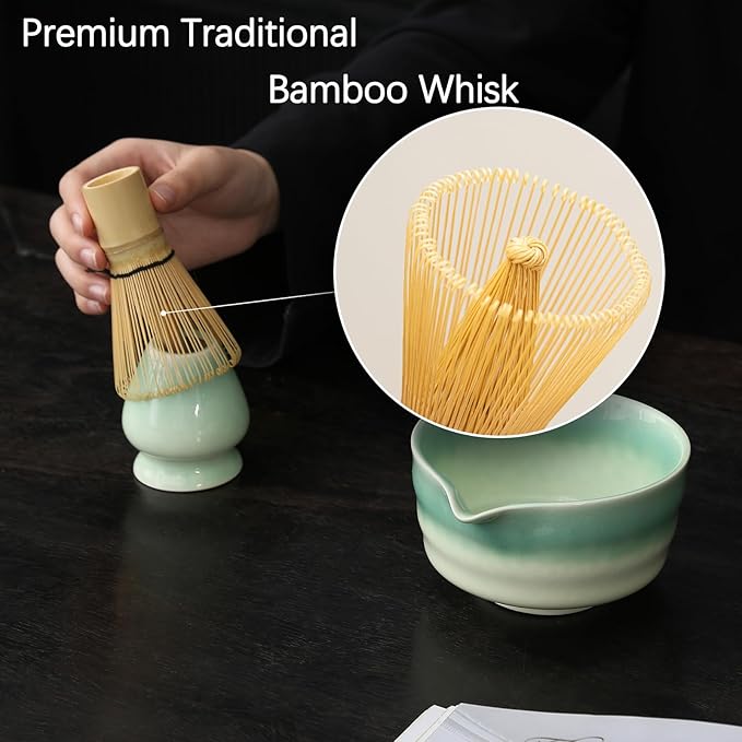 Japanese Matcha Set, Matcha Bowl with Spout, Matcha Whisk and Holder, Bamboo Matcha Scoop and Stainless Steel Sifter - 5 Pcs Gradient Green Matcha Kit for Matcha Lover - Bloomnest