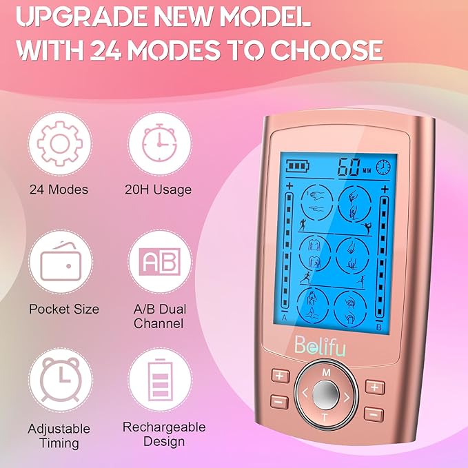 Belifu Dual Channel TENS EMS Unit 24 Modes Muscle Stimulator for Pain Relief Therapy, Electronic Pulse Massager Muscle Massager with 10 Pads, Dust-Proof Drawstring Storage Bag Belifu