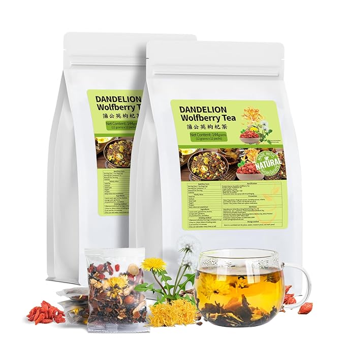 Dandelion Wolfberry Tea Bags, Natural Kidneys & Liver Health Tea with Dandelion, Chrysanthemum, Wolfberry, Cassia Seed, Licorice, Orange Peel, Gardenia, Dandelion Root Tea (2 Pack/24 Bags) - Bloomnest
