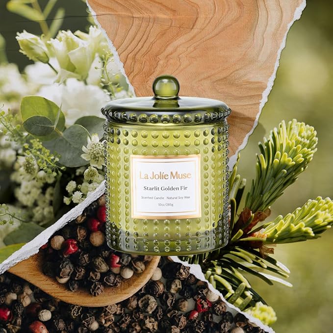 LA JOLIE MUSE Christmas Candle, Starlit Golden Fir Candle - Cedarwood, Patchouli, Fir Balsam | 10 oz Natural Soy Wax | 55 Hours Clean Burn |Winter Holiday Gift | Gift-Ready for Hosts & Gatherings - Bloomnest
