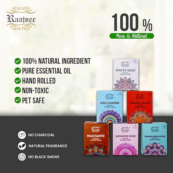 Raajsee Natural Incense Cones,6 Pack Mixed Scents Gift Pack 15 pc Each (90 Total), Insense Cones Variety Pack, 100% Organic Non Toxic Natural - Hand Rolled Free from Chemicals (Pack 1) RAAJSEE